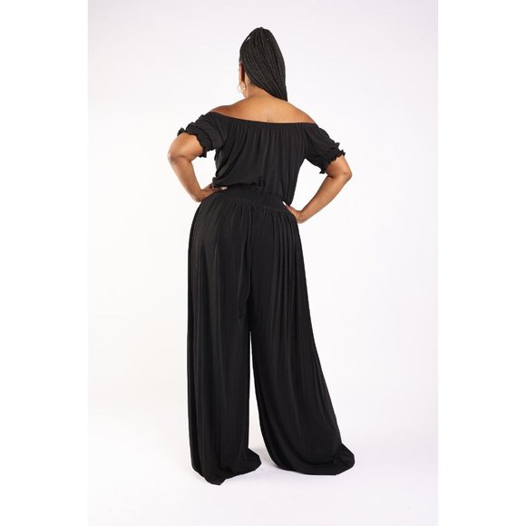 Women's Pleated off Shoulder Jumpsuit Plus Size 1X 2X 3X BLACK RED - Picture 7 of 11